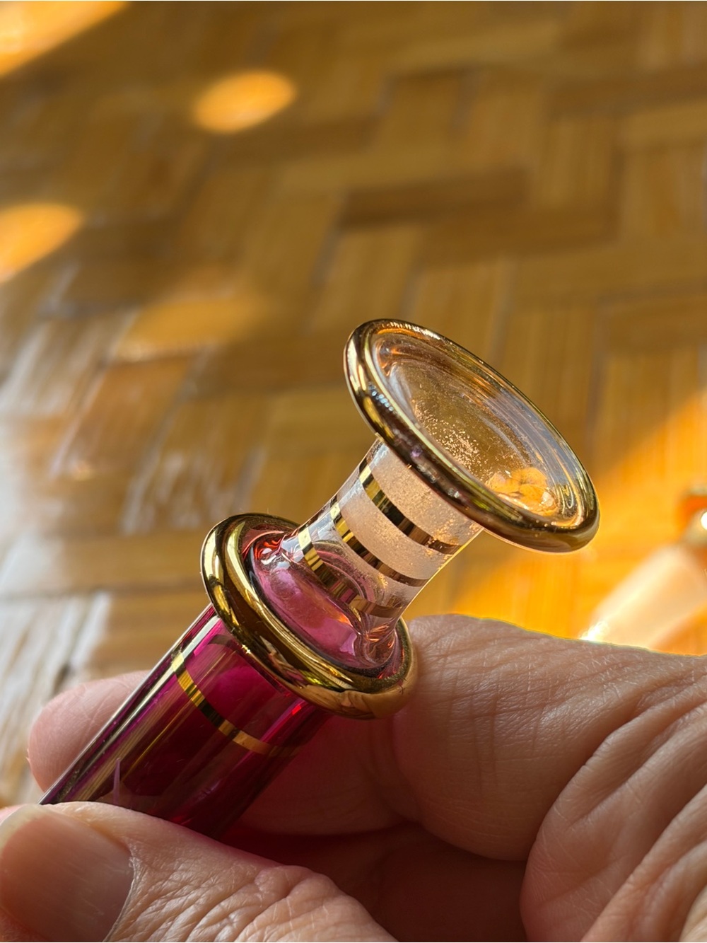 Vintage Ruby Red Glass Perfume Bottle Gold Trim Enamel Floral Stopper 6.25” - Picture 7 of 10
